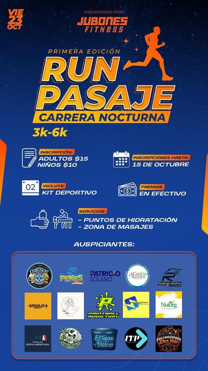 Afiche oficial de Run Pasaje primera edición: carrera nocturna de 3K y 6K, 23 de octubre